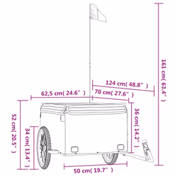 vidaXL Bike Cargo Trailer Bike Carriage Bicycle Wagon Trailer with Flag Iron - orange, 124 x 62.5 x 52 cm - Additional view 3