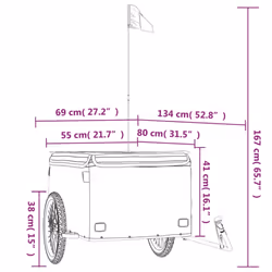 vidaXL Bike Cargo Trailer Bike Carriage Bicycle Wagon Trailer with Flag Iron - grey, 134 x 69 x 59 cm