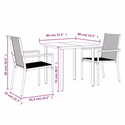 vidaXL Garden Dining Set Table and Chairs 3 Piece Black Textilene and Steel