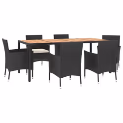 vidaXL Garden Dining Set Outdoor Table Set with Cushions Black Poly Rattan - 7 piece