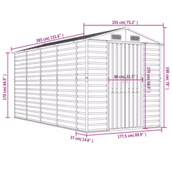 vidaXL Garden Shed Outdoor Storage Shed Patio Yard Tool Shed Galvanised Steel - light grey, 191 x 385 x 198 cm - Additional view 3