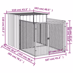 vidaXL Dog House Dog Kennel with Run Dog Cage Anthracite Galvanised Steel - light grey, 110 x 201 x 110 cm - Additional view 3