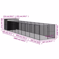 vidaXL Dog House Dog Kennel with Run Dog Cage Light Grey Galvanised Steel - light grey, 214 x 1069 x 181 cm - Additional view 3