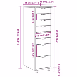 vidaXL Rolling Cabinet Office Cabinet with Drawers White Solid Wood Pine MOSS - honey brown, 34 x 39 x 103 cm