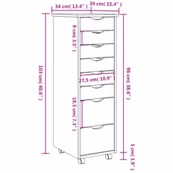 vidaXL Rolling Cabinet Office Cabinet with Drawers White Solid Wood Pine MOSS - grey, 34 x 39 x 103 cm