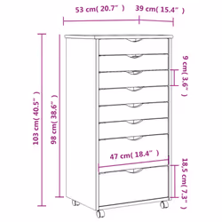 vidaXL Rolling Cabinet Office Cabinet with Drawers White Solid Wood Pine MOSS - grey, 53 x 39 x 103 cm