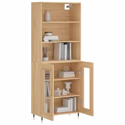 vidaXL Highboard Sideboard Storage Cabinet High Gloss White Engineered Wood - sonoma oak, 2 glass doors