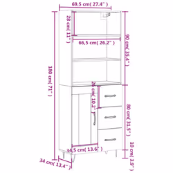 vidaXL Highboard Sideboard Cupboard Side Cabinet Sonoma Oak Engineered Wood - white, 1 wood door 3 drawers - Additional view 3