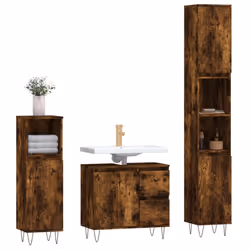 vidaXL Bathroom Furniture Set Storage Cabinet 3 Piece White Engineered Wood - smoked oak - Additional view 2