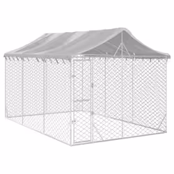 vidaXL Outdoor Dog Kennel Dog House with Roof Dog Cage Silver Galvanised Steel - 3 x 4.5 x 2.5 m - Additional view 2