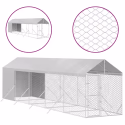 vidaXL Outdoor Dog Kennel Dog House with Roof Dog Cage Silver Galvanised Steel - 2 x 10 x 2.5 m