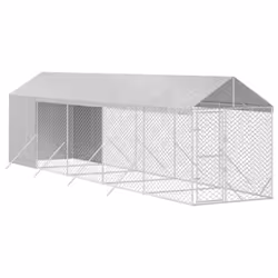 vidaXL Outdoor Dog Kennel Dog House with Roof Dog Cage Silver Galvanised Steel - 2 x 10 x 2.5 m