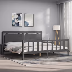 vidaXL Bed Frame Bed Base Platform Bed with Headboard King Size Solid Wood - grey, 200 x 200 cm - Additional view 2