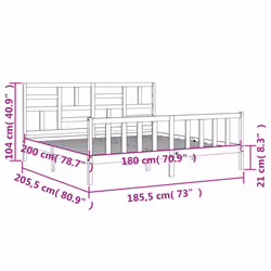 vidaXL Bed Frame Bed Base Wooden Bed with Headboard Super King Size Solid Wood - natural, 180 x 200 cm