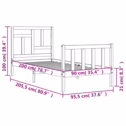 vidaXL Bed Frame Bed Base Wooden Bed with Headboard Super King Size Solid Wood - brown, 90 x 200 cm