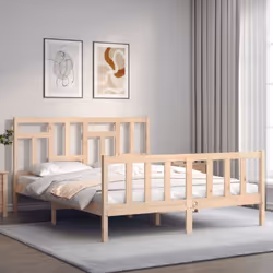 vidaXL Bed Frame Bed Base Wooden Bed with Headboard Super King Size Solid Wood - brown, 160 x 200 cm