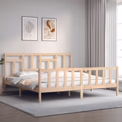 vidaXL Bed Frame Bed Base Wooden Bed with Headboard Super King Size Solid Wood - brown, 200 x 200 cm