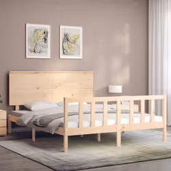 vidaXL Bed Frame Bed Base Wooden Bed with Headboard Super King Size Solid Wood - 150 x 200 cm