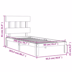 vidaXL Bed Frame Bedroom Platform Bed Wooden Bedstead Bed Base Solid Wood - brown, 90 x 200 cm/with headboard - Additional view 3