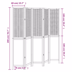 vidaXL Room Divider 5 Panels Privacy Screen Dark Brown Solid Wood Paulownia