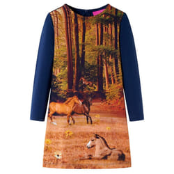 Kids' Dress with Long Sleeves Toddler Children Kids Girl's Dress Horses Print - navy, 92
