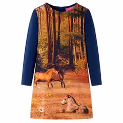 Kids' Dress with Long Sleeves Toddler Children Kids Girl's Dress Horses Print - navy, 128