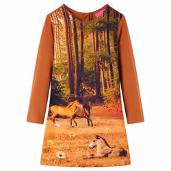 Kids' Dress with Long Sleeves Toddler Children Kids Girl's Dress Horses Print - cognac, 92