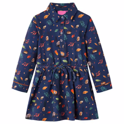 Kids' Dress with Long Sleeves School Short Girls' Dress Leaves Print Navy - 104