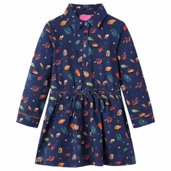 Kids' Dress with Long Sleeves School Short Girls' Dress Leaves Print Navy - 116