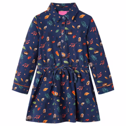 Kids' Dress with Long Sleeves School Short Girls' Dress Leaves Print Navy - 128