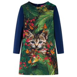 Kids' Dress with Long Sleeves Toddler Children School Girl's Dress Cat Print - navy, 92