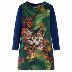Kids' Dress with Long Sleeves Toddler Children School Girl's Dress Cat Print - navy, 104
