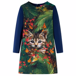 Kids' Dress with Long Sleeves Toddler Children School Girl's Dress Cat Print - navy, 116