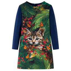 Kids' Dress with Long Sleeves Toddler Children School Girl's Dress Cat Print - navy, 116