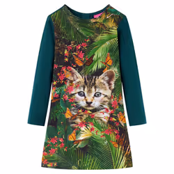 Kids' Dress with Long Sleeves Toddler Children School Girl's Dress Cat Print - dark green, 104