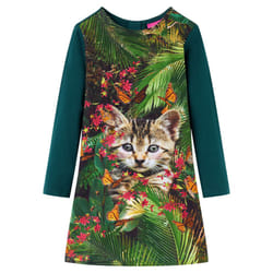 Kids' Dress with Long Sleeves Toddler Children School Girl's Dress Cat Print - dark green, 128
