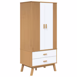 vidaXL Wardrobe Closet Clothes Storage Cabinet White and Brown Solid Wood Pine