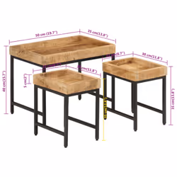 vidaXL Nesting Coffee Tables Nesting Table 3 pcs Solid Rough Mango Wood & Iron - Additional view 7