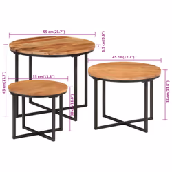 vidaXL Nesting Coffee Tables Nesting Table 3 pcs Solid Wood Acacia and Iron