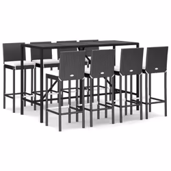 vidaXL Garden Bar Set Table and Chair 9 Piece with Cushions Black Poly Rattan - 8 piece