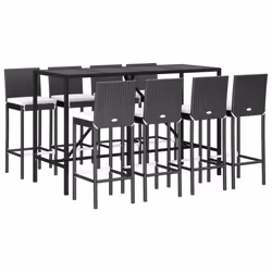 vidaXL Garden Bar Set Table and Chair 9 Piece with Cushions Black Poly Rattan - 8 piece