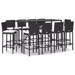 vidaXL Garden Bar Set Table and Chair 9 Piece with Cushions Black Poly Rattan - 10 piece