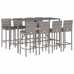 vidaXL Garden Bar Set Table and Chair with Cushions Grey Poly Rattan - 8 piece