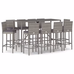 vidaXL Garden Bar Set Table and Chair with Cushions Grey Poly Rattan - 10 piece