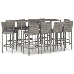 vidaXL Garden Bar Set Table and Chair with Cushions Grey Poly Rattan - 10 piece