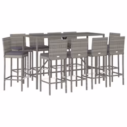 vidaXL Garden Bar Set Table and Chair with Cushions Grey Poly Rattan - 10 piece
