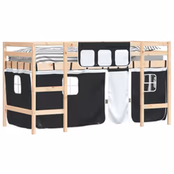 vidaXL Kids' Loft Bed with Curtains Children's Bunk Bed Frame Solid Wood Pine - natural and black, 80 x 200cm