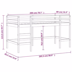 vidaXL Kids' Loft Bed with Curtains Children's Bunk Bed Frame Solid Wood Pine - natural and black, 80 x 200cm