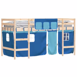vidaXL Kids' Loft Bed with Curtains Children's Bunk Bed Frame Solid Wood Pine - natural and blue, 80 x 200cm
