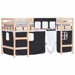 vidaXL Kids' Loft Bed with Curtains Children's Bunk Bed Frame Solid Wood Pine - natural and black, 90 x 200cm